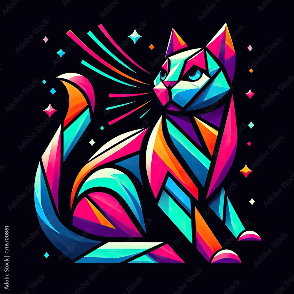 Neon Geometry: Graphic Illustration of a Cat in Vibrant Abstraction Neon Geometry: Graphic Illustration of a Cat in Vibrant Abstraction