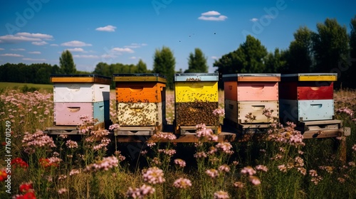 There are many beautiful colorful painted wooden bee hives in beautiful nature with flowers. Beekeeping, Apiary in summer. photo