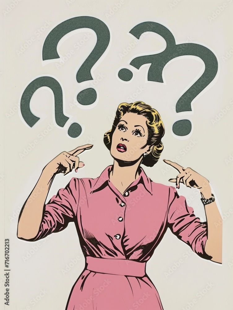 A retro-style illustration of a puzzled woman with question marks around her A retro-style illustration of a puzzled woman with question marks around her