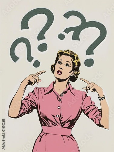 A retro-style illustration of a puzzled woman with question marks around her