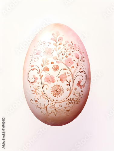 Drawing of a Easter Egg in rose gold Watercolors. White Background with Copy Space