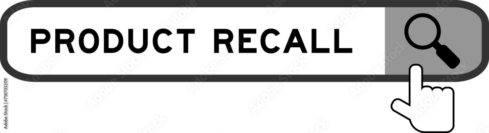 Search banner in word product recall with hand over magnifier icon on white background Search banner in word product recall with hand over magnifier icon on white background