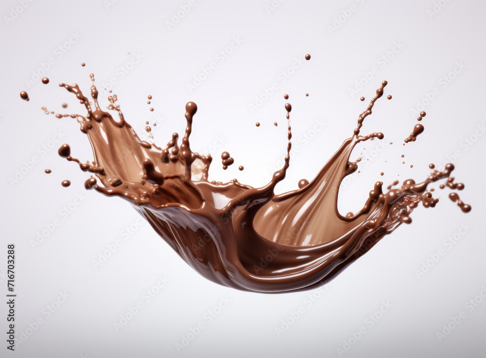Dynamic splash of chocolate, captured mid-air, creating an elegant and fluid shape against a light background. Dynamic splash of chocolate, captured mid-air, creating an elegant and fluid shape against a light background.