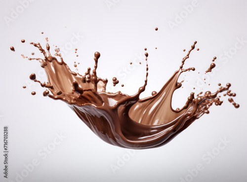 Dynamic splash of chocolate, captured mid-air, creating an elegant and fluid shape against a light background.
