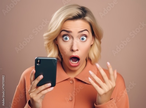 Surprised woman with wide eyes and open mouth, holding a phone, reacting to unexpected news.