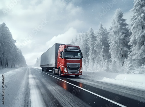 Red truck on a snowy highway, surrounded by a serene, snow-covered forest under a cloudy sky.
