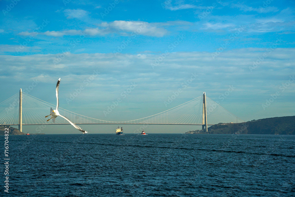 Fototapeta premium Yavuz Sultan Selim bridge in front of black sea view from Istanbul Bosphorus cruise