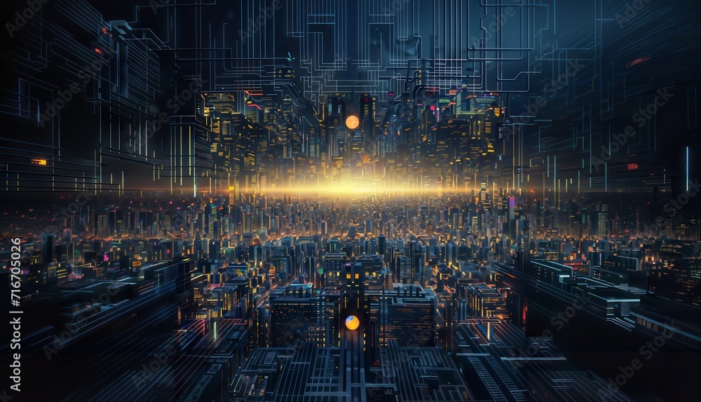 Futuristic city at night, 3d rendering toned image
