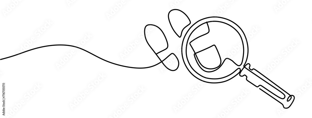Obraz premium Magnifying glass in continuous one line drawing. Concept of Business analysis in simple outline style. Used for logo, emblem, web banner, presentation. Doodle Vector Illustration