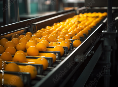 Oranges on a conveyor belt in a factory, in focus with a blurred background.