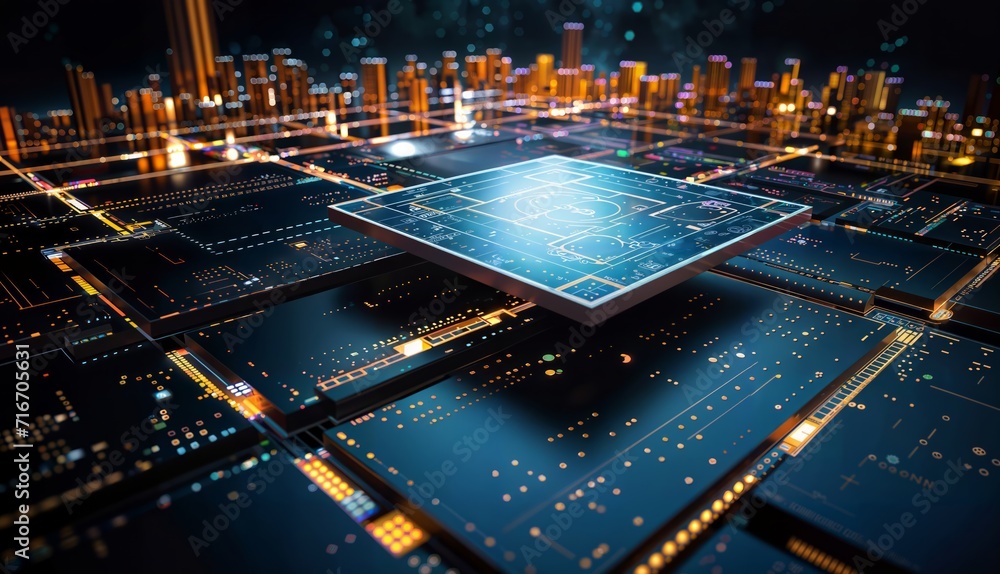 3d rendering of a circuit board with microchips and electronic components 3d rendering of a circuit board with microchips and electronic components
