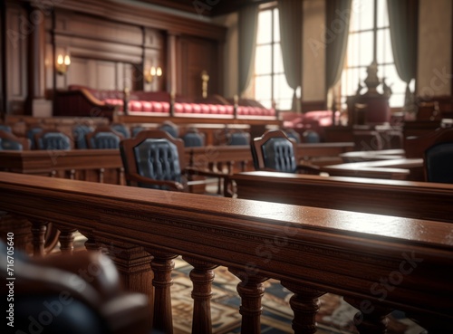 Courtroom, view from the defendant's bench with rows of wooden benches and judge's bench in the background. photo