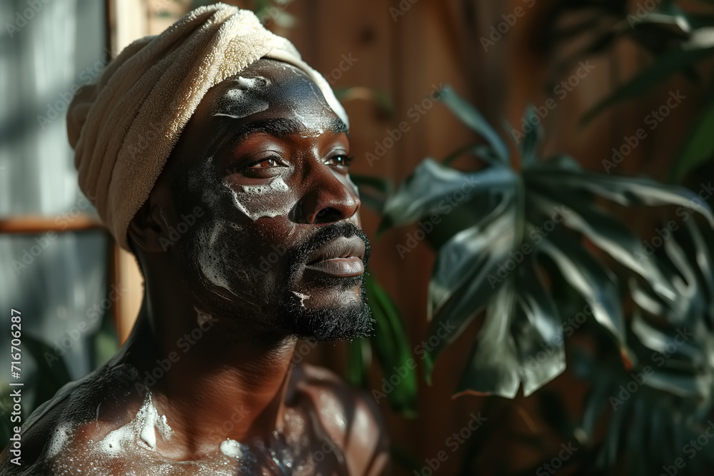 Handsome African American man skin and body care. A guy with foam on his face and body with a towel on his head in the bathroom Handsome African American man skin and body care. A guy with foam on his face and body with a towel on his head in the bathroom