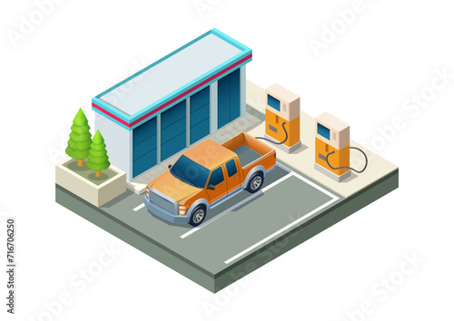 Isometric petrol station or gas station for cars