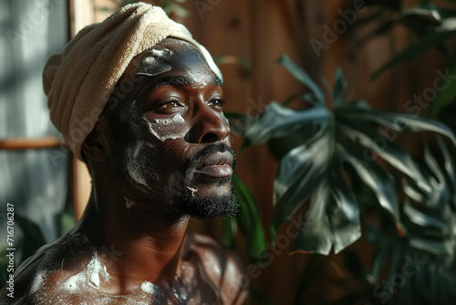 Handsome African American man skin and body care. A guy with foam on his face and body with a towel on his head in the bathroom