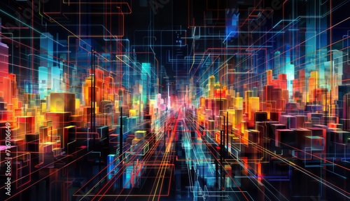 Abstract 3d illustration of futuristic city with neon lights and reflections