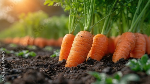 carrots on the dark black soil ground in the vegetable garden. Organic autumn harvest