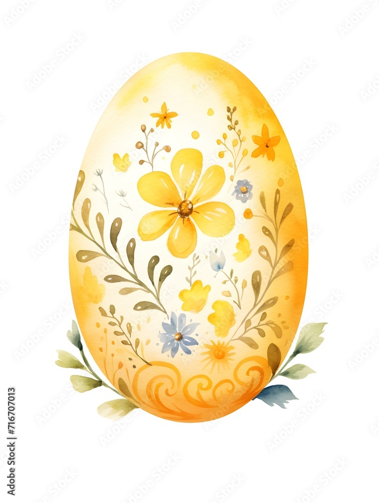 Drawing of a Easter Egg in yellow Watercolors. White Background with Copy Space Drawing of a Easter Egg in yellow Watercolors. White Background with Copy Space
