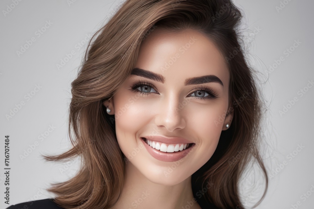Portrait luxury model young woman with white teeth smile, healthy hair, beauty skin and professional makeup. Concept of advertising a dentist, facial and hair care. Generative AI