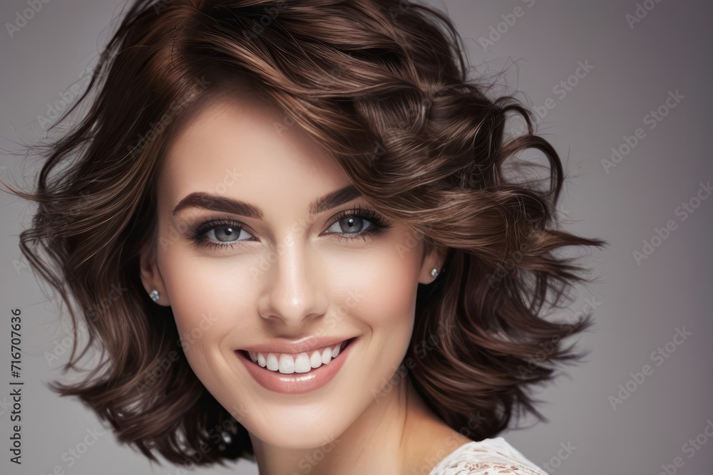 Portrait luxury model young woman with white teeth smile, healthy hair, beauty skin and professional makeup. Concept of advertising a dentist, facial and hair care. Generative AI Portrait luxury model young woman with white teeth smile, healthy hair, beauty skin and professional makeup. Concept of advertising a dentist, facial and hair care. Generative AI