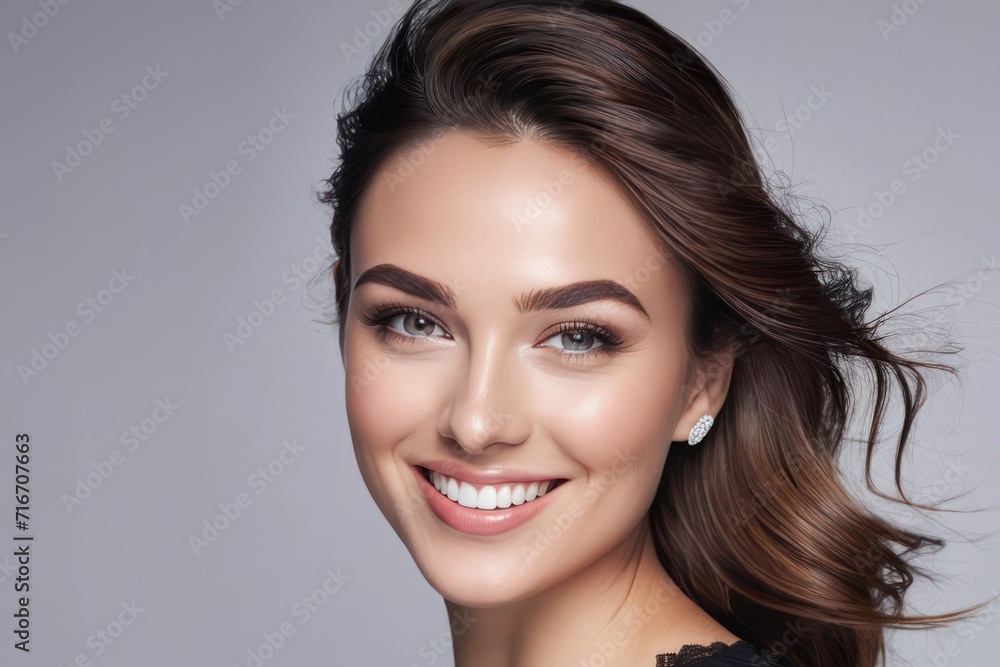 Portrait luxury model young woman with white teeth smile, healthy hair, beauty skin and professional makeup. Concept of advertising a dentist, facial and hair care. Generative AI Portrait luxury model young woman with white teeth smile, healthy hair, beauty skin and professional makeup. Concept of advertising a dentist, facial and hair care. Generative AI