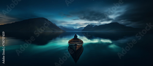 View of boat floating on water with nature scenery, 21:9