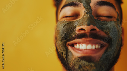Mixed race man wearing a mud clay face mask, male skincare pampering regimen, against a yellow background with copy space ai generated