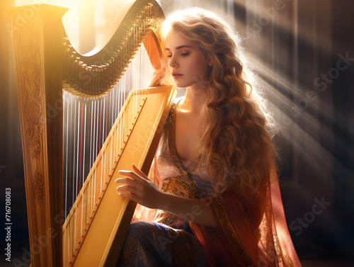 Beautiful young long haired female musician playing a golden harp with sunbeams flowing through the window