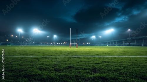 Empty sport field, Rugby stadium with green grass illuminated spotlights in evening. View on gates. photo