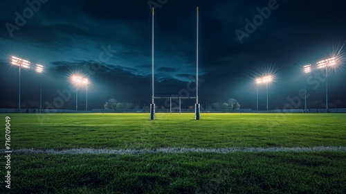 View on American football gates stands on sport field, stadium with green grass illuminated spotlights in evening.