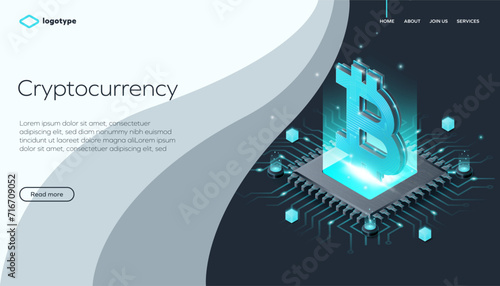 Cryptocurrency and blockchain network business isometric vector illustration. Crypto currency exchange or transaction process background. Digital Technology. (ID: 716709052)