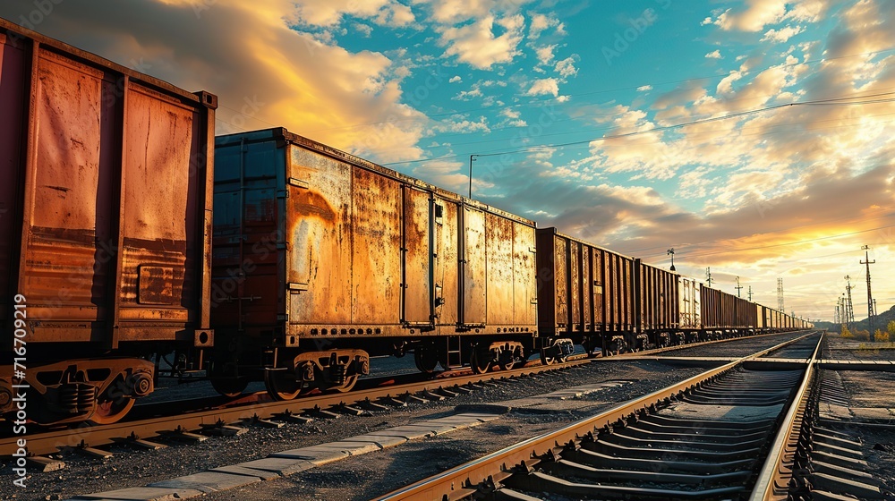 Fototapeta premium Wagon of freight train with containers on the sky background. copy space for text.