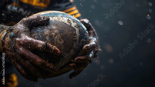 Silent Sentinel. Cropped portrait of Rugby player, striker in sport uniform, covered in mud holds Rugby ball illuminated sun light. Copy space.