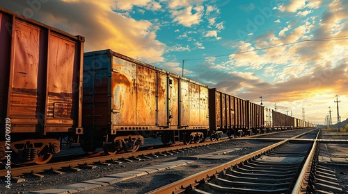 Wagon of freight train with containers on the sky background. copy space for text.