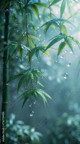 a light blue theme background  with dewdrops and a bamboo leaf hanging in a corner. AI generative