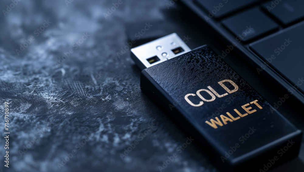 A black cold wallet with golden text COLD WALLET for cryptocurrencies in the form of a USB stick on a dark background A black cold wallet with golden text COLD WALLET for cryptocurrencies in the form of a USB stick on a dark background