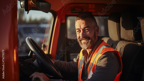Lorry or truck driver sitting in the cabin of his vehicle driving