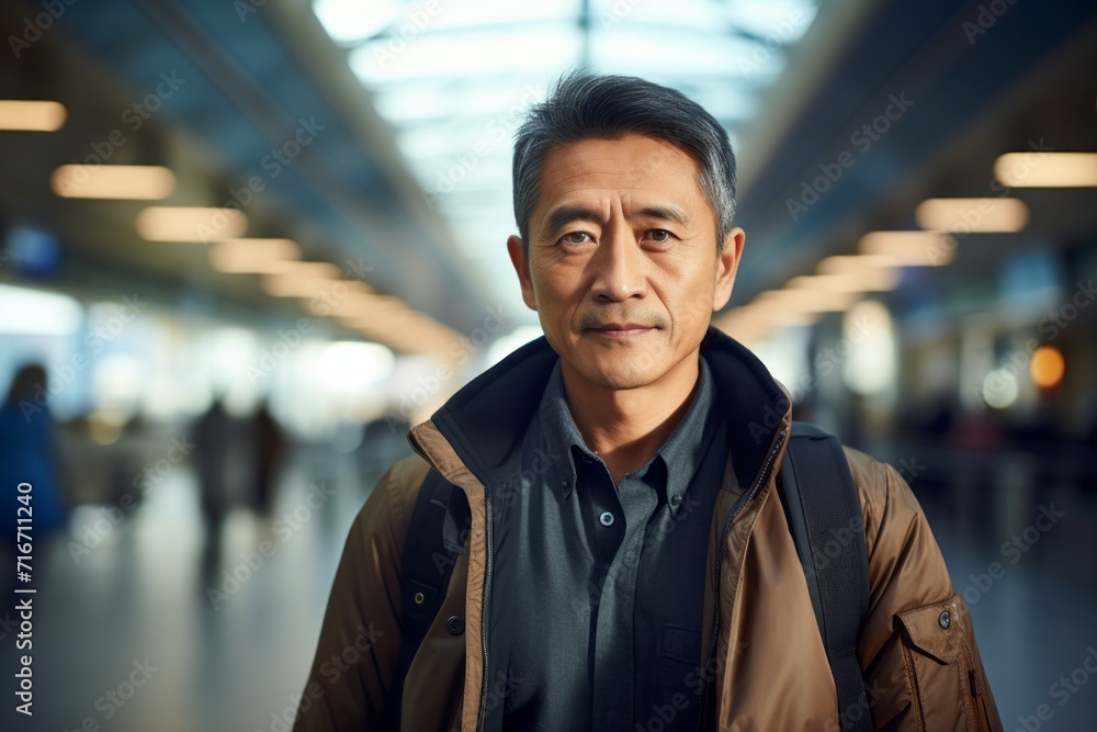 Portrait of a tender asian man in his 60s wearing a trendy bomber jacket against a bustling airport terminal background. AI Generation Portrait of a tender asian man in his 60s wearing a trendy bomber jacket against a bustling airport terminal background. AI Generation