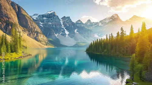 a serene lake reflecting towering snow-capped mountains and lush evergreens under a bright sky with soft sunlight. AI generative