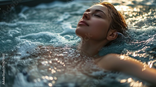 Young woman relaxing in the whirlpool bathtub. beautiful girl on the bathroom. sexy girl. copy space for text.