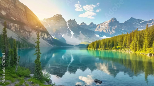 a serene lake reflecting towering snow-capped mountains and lush evergreens under a bright sky with soft sunlight. AI generative © SANGHYUN