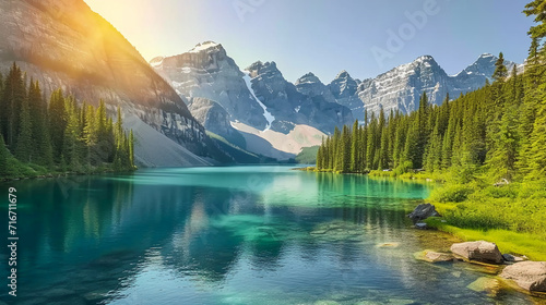 a serene lake reflecting towering snow-capped mountains and lush evergreens under a bright sky with soft sunlight. AI generative