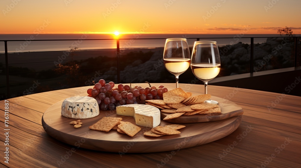 Wine Glasses, Cheese Plate, Fresh Grapes at Sunset - Ideal for Summer Events and Wine Tastings