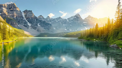a serene lake reflecting towering snow-capped mountains and lush evergreens under a bright sky with soft sunlight. AI generative © SANGHYUN