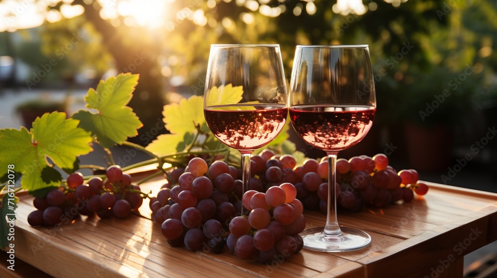 Refreshing Summer Sunset. Two Glasses of Red Wine and Fresh Grapes on Wooden Plate