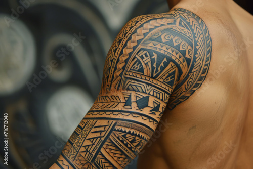 Tribal art tattoo sleeve in polynesian aboriginal style photo