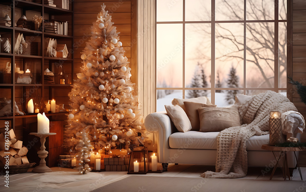 Christmas tree and New Year's gifts in a cozy interior with a sofa by the window