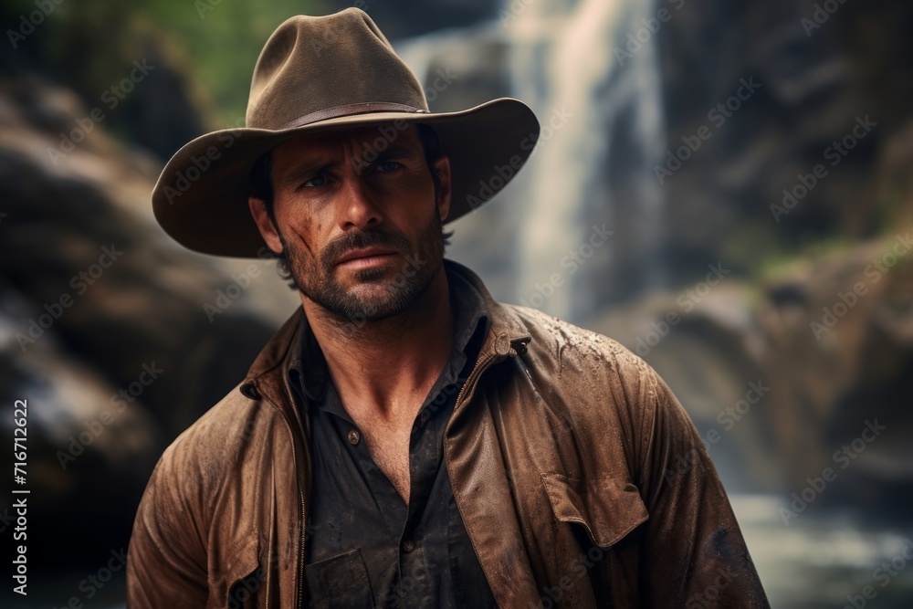 Portrait of a glad man in his 30s wearing a rugged cowboy hat against a backdrop of a spectacular waterfall. AI Generation