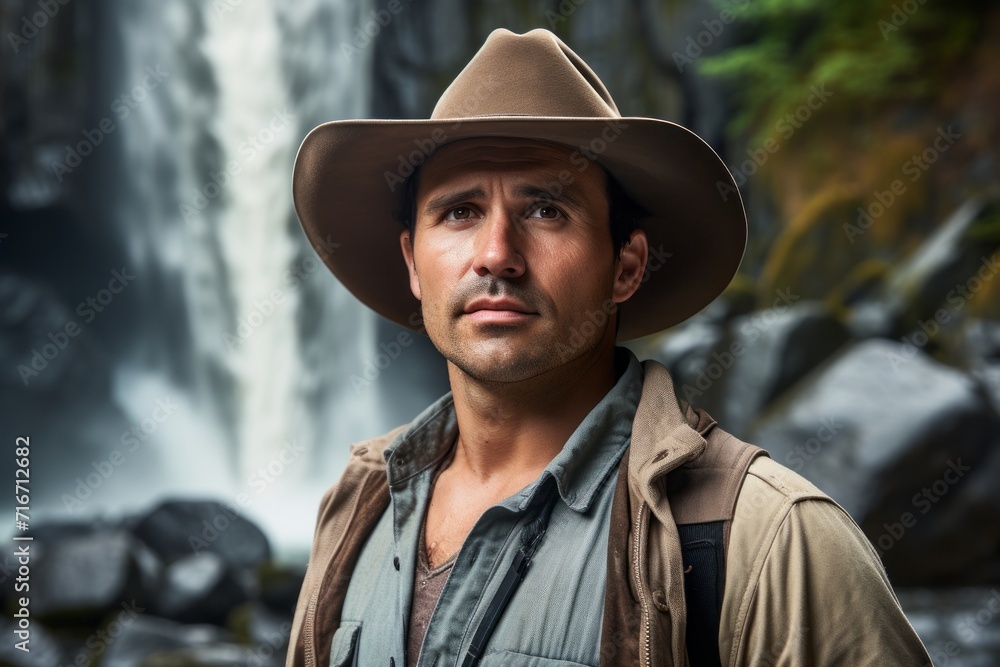 Portrait of a glad man in his 30s wearing a rugged cowboy hat against a backdrop of a spectacular waterfall. AI Generation Portrait of a glad man in his 30s wearing a rugged cowboy hat against a backdrop of a spectacular waterfall. AI Generation