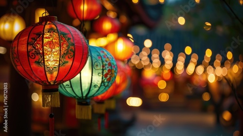 Red Chinese lanterns with intricate designs glowing against a night backdrop